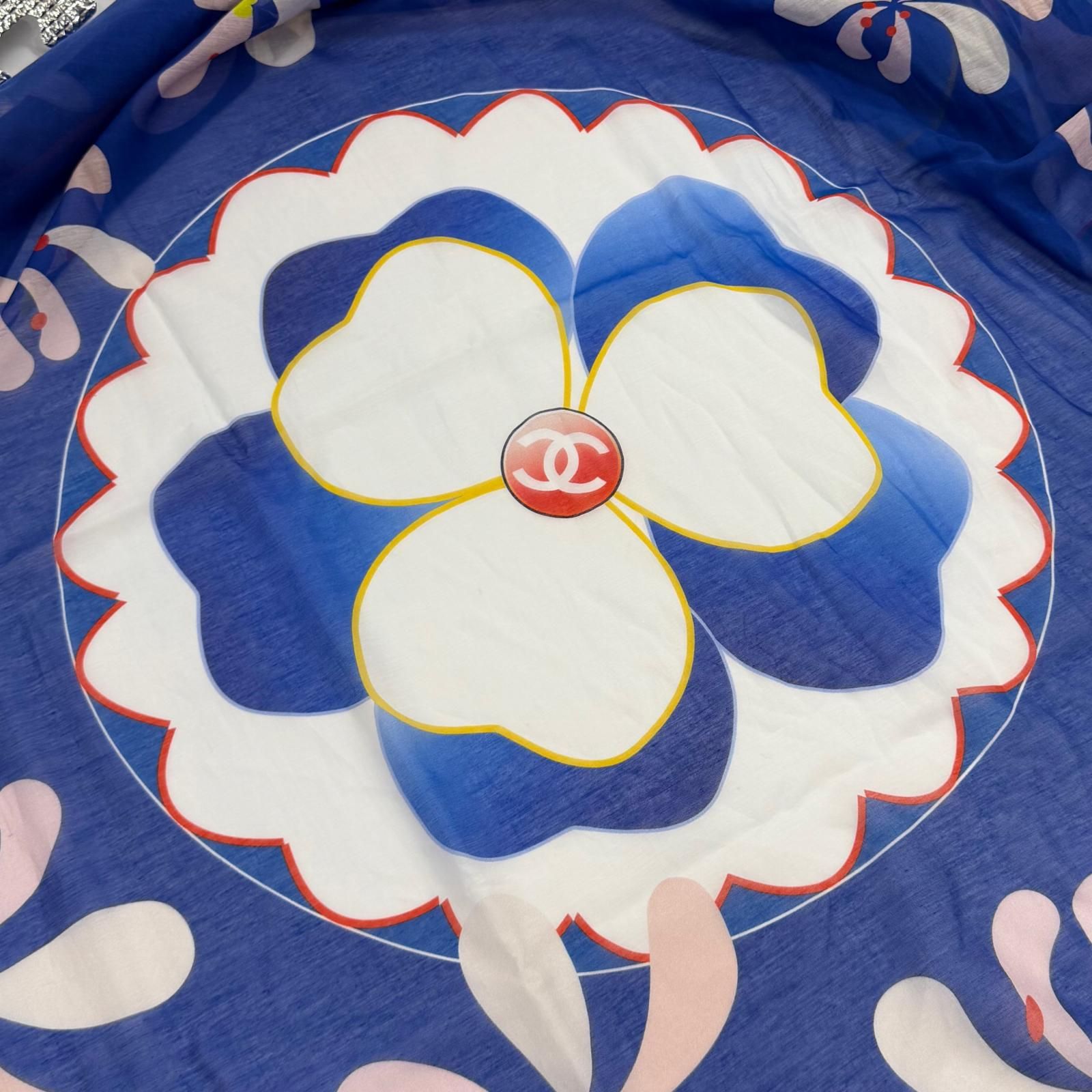 Chanel Cotton Silk Blend CC Logo Floral Pattern Large Pareo Blue Skirt — view 7