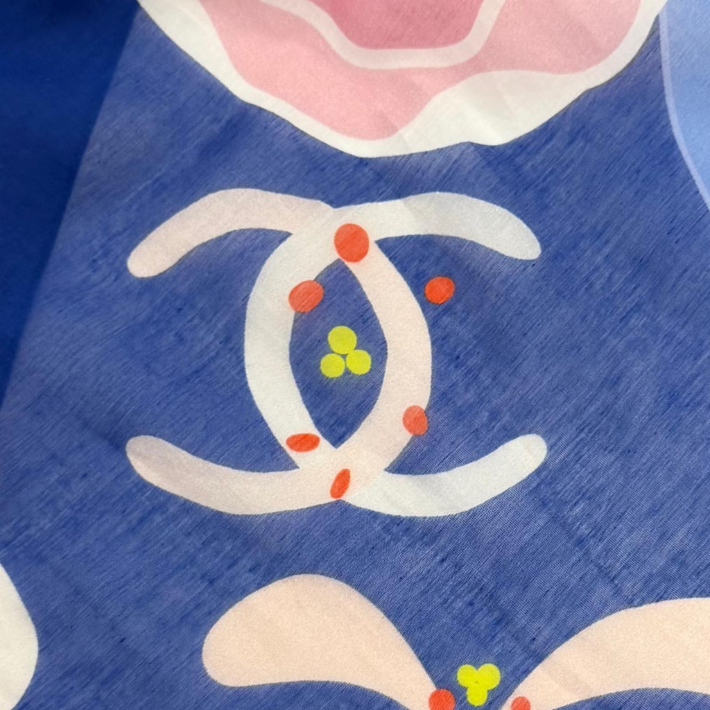 Chanel Cotton Silk Blend CC Logo Floral Pattern Large Pareo Blue Skirt — view 8