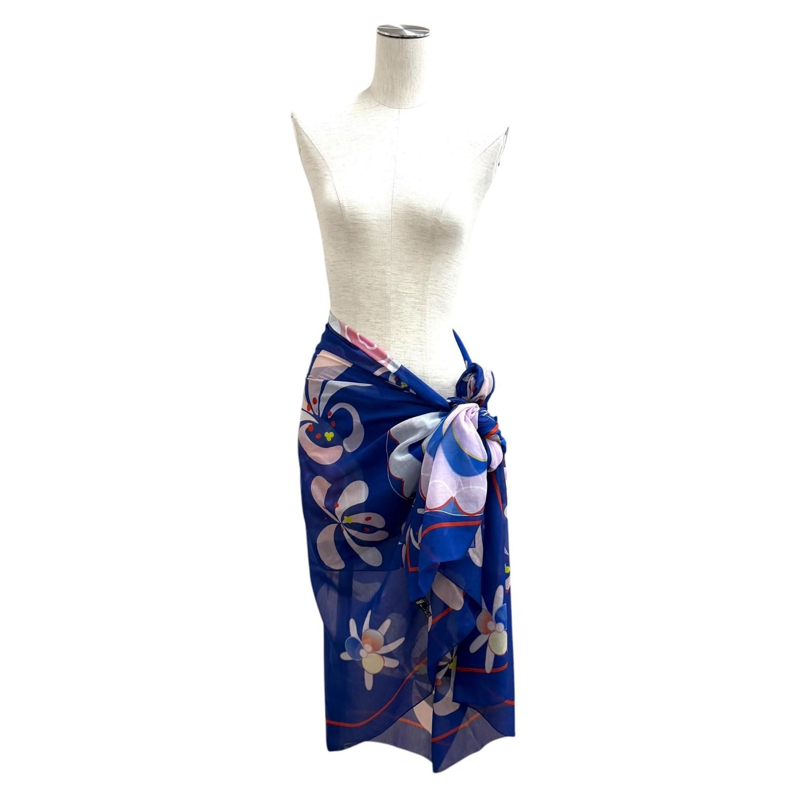 Chanel Cotton Silk Blend CC Logo Floral Pattern Large Pareo Blue Skirt — view 3