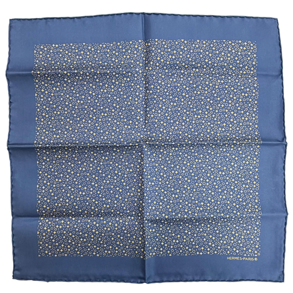 Hermes 100% Silk Petit Carre 45 Gavroche All Over Pattern Scarf Navy Yellow