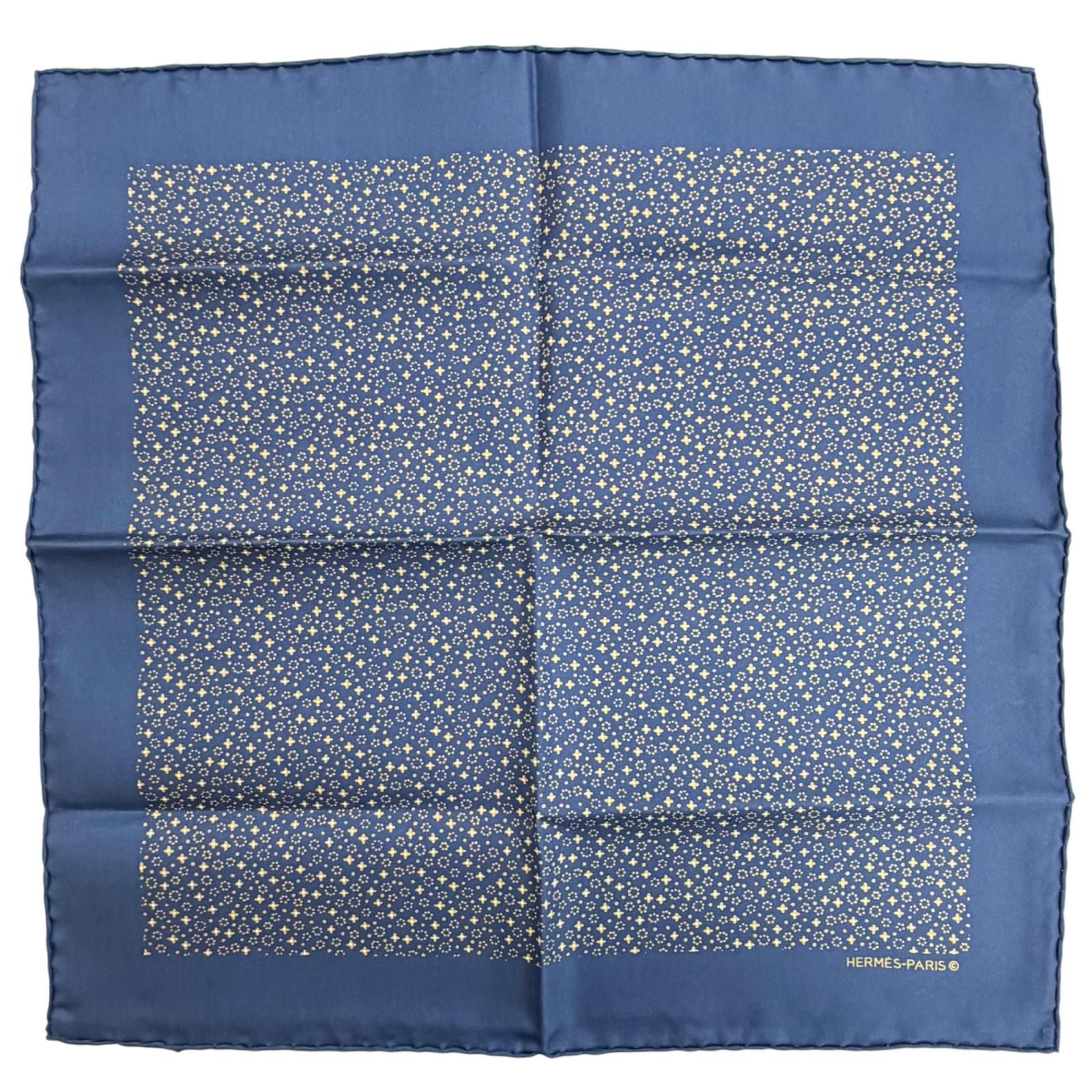 Hermes 100% Silk Petit Carre 45 Gavroche All Over Pattern Scarf Navy Yellow