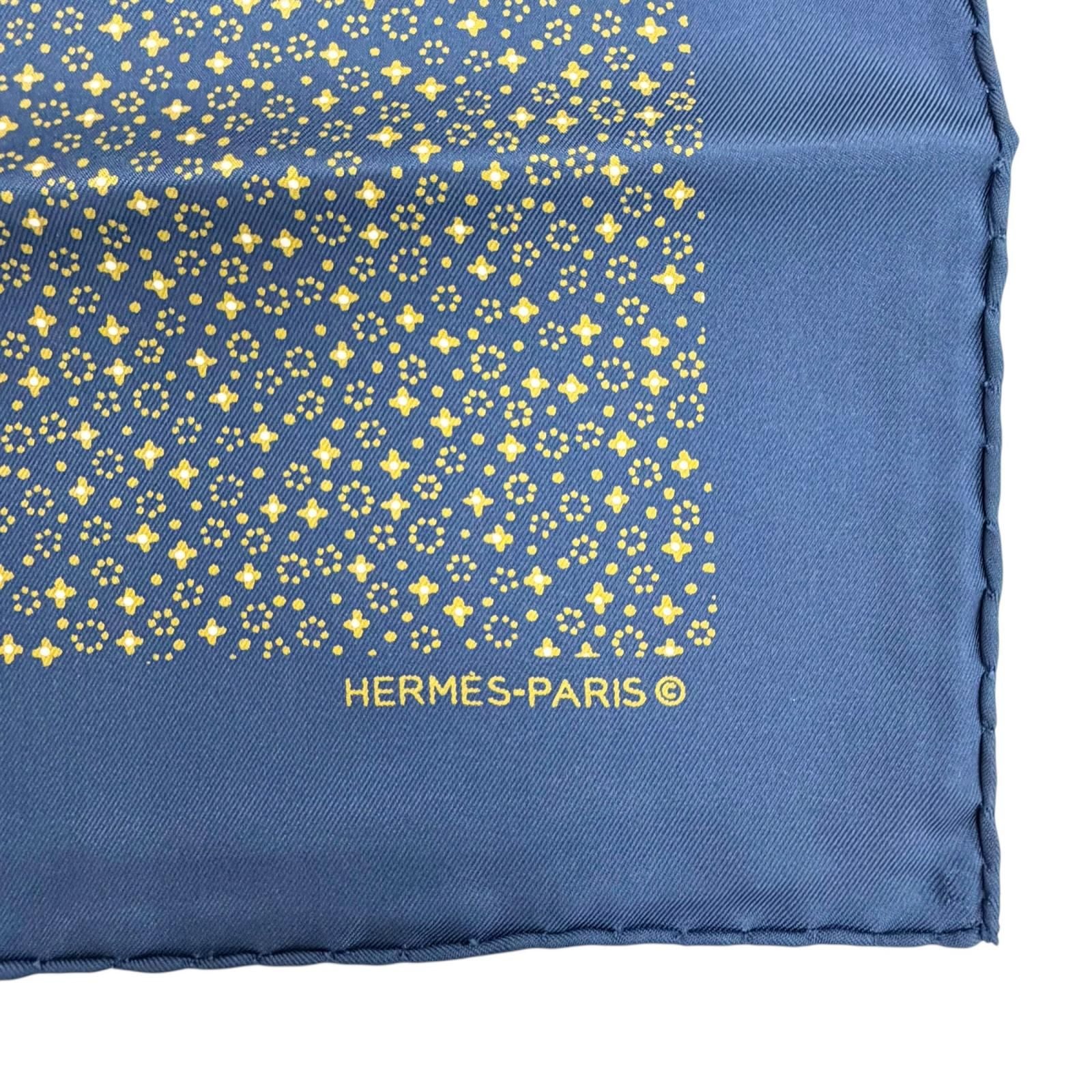 Hermes 100% Silk Petit Carre 45 Gavroche All Over Pattern Scarf Navy Yellow