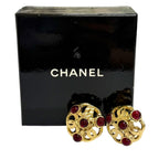 Chanel Vintage 25 Gripoix CC Logo Earrings Gold Red French