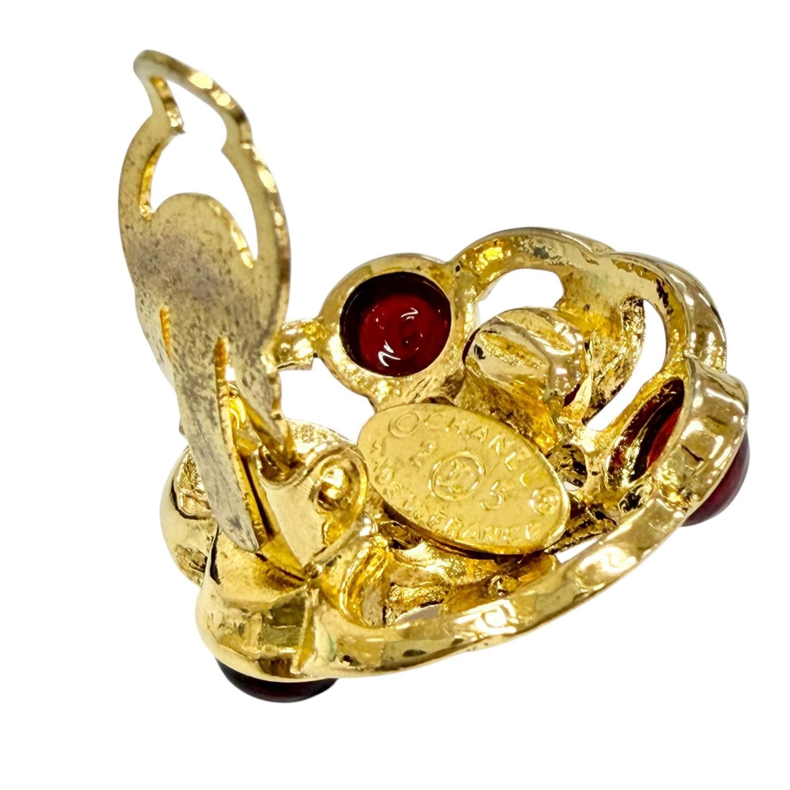 Chanel Vintage 25 Gripoix CC Logo Earrings Gold Red French