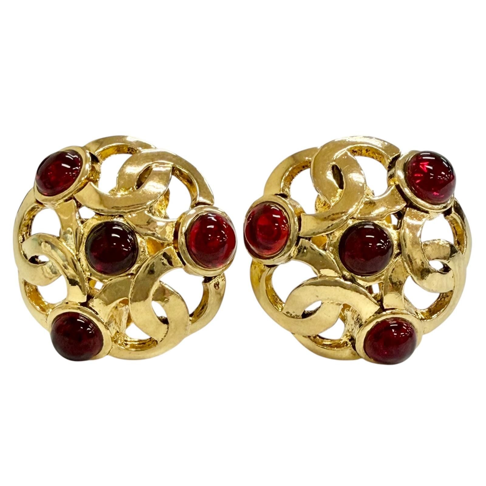 Chanel Vintage 25 Gripoix CC Logo Earrings Gold Red French