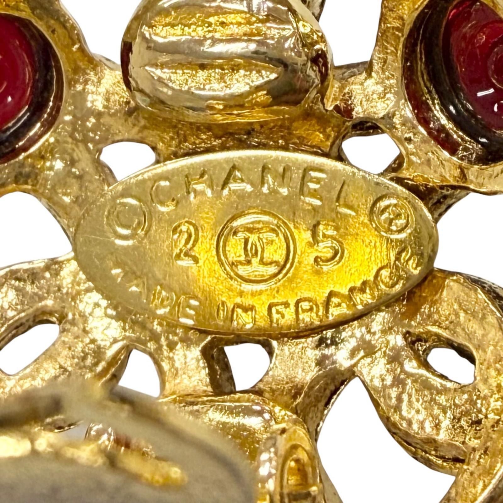 Chanel Vintage 25 Gripoix CC Logo Earrings Gold Red French