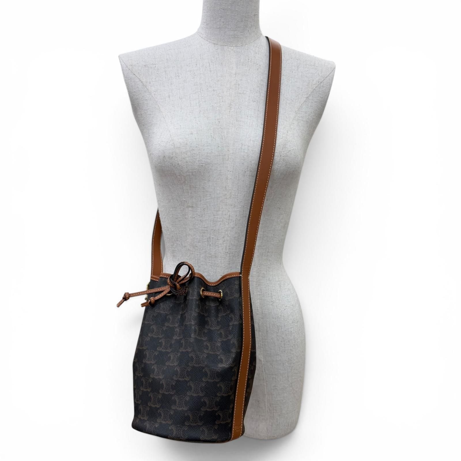 Celine Triomphe Small Drawstring Shoulder Bag Canvas Tan with Protective