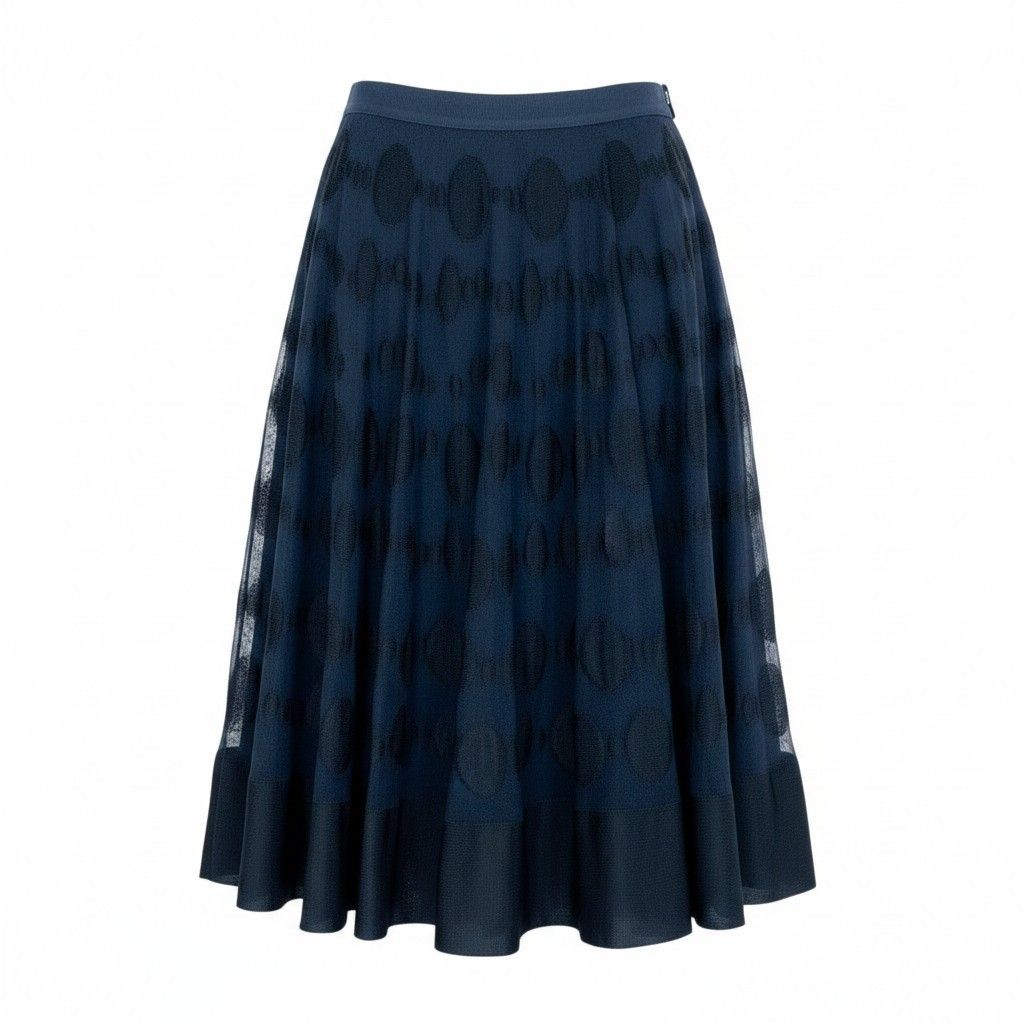 Chanel Polka Dot Knit Flare Skirt CC Logo 34 Navy