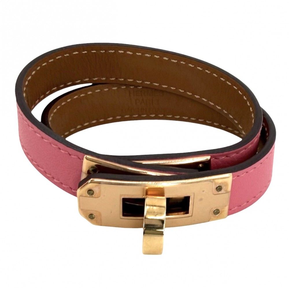 Hermes Bracelet Mini Kelly Double Tour Bangle Leather Pink Gold