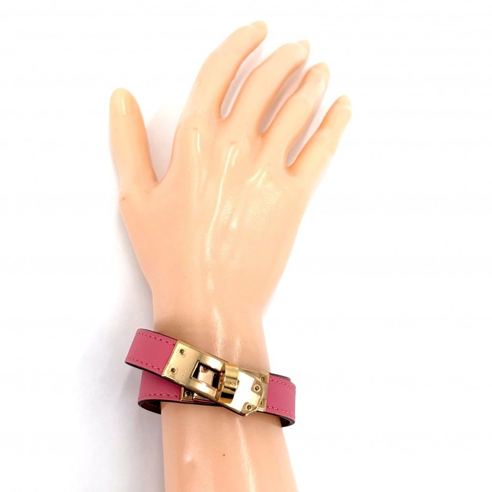 Hermes Bracelet Mini Kelly Double Tour Bangle Leather Pink Gold — view 2