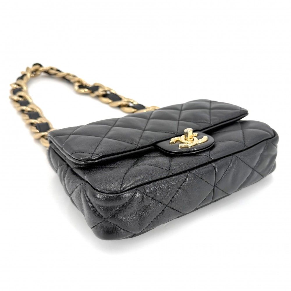 Chanel Shoulder Bag Quilted CC Logo Bag Chain Pochette Leather Black Gold — view 3