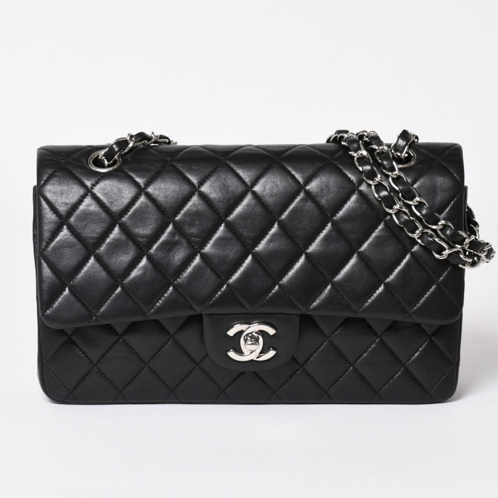Chanel Quilted 25 Double Flap Chain Shoulder Bag Lambskin CC Logo Black Silver