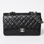 Chanel Quilted 25 Double Flap Chain Shoulder Bag Lambskin CC Logo Black Silver