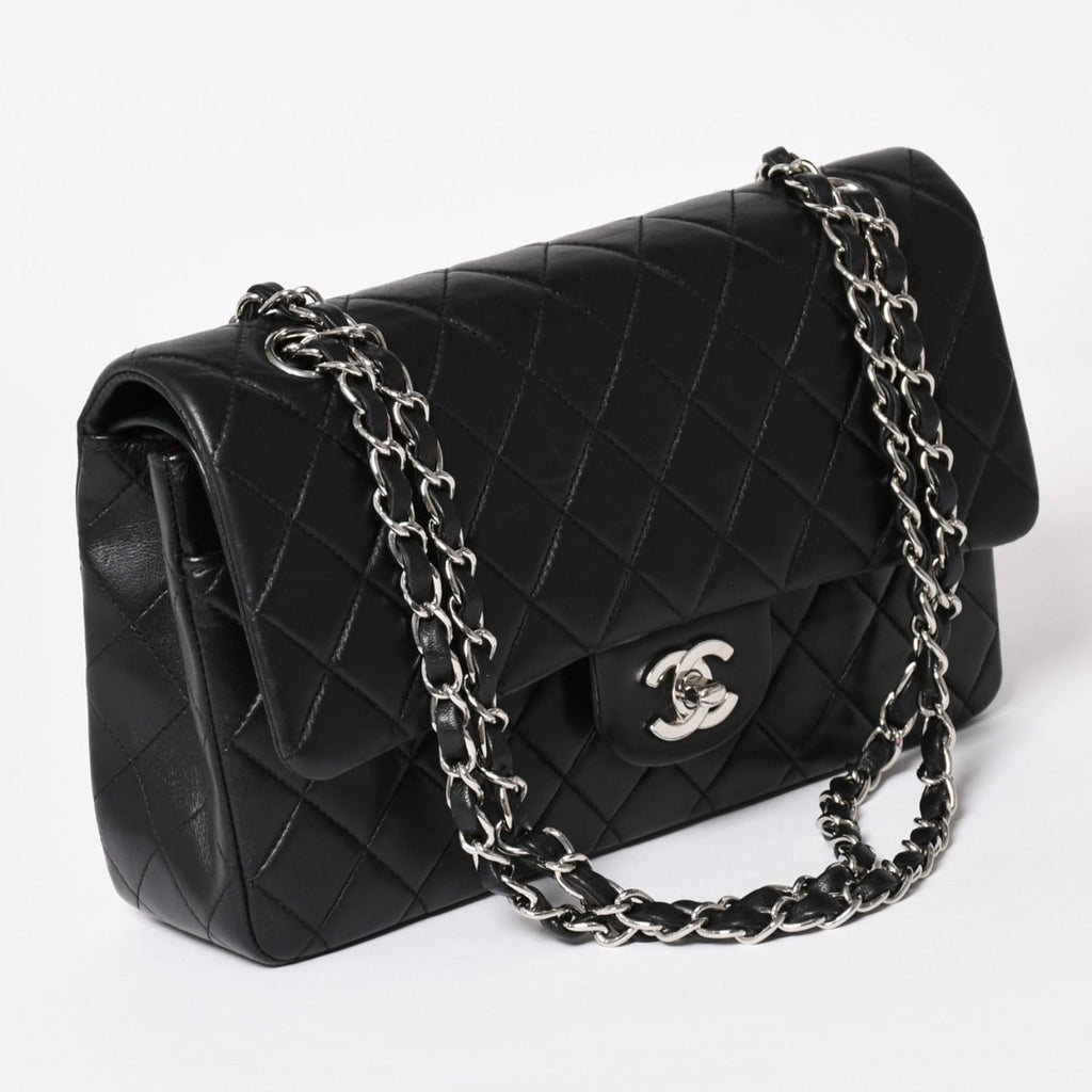 Chanel Quilted 25 Double Flap Chain Shoulder Bag Lambskin CC Logo Black Silver — view 3
