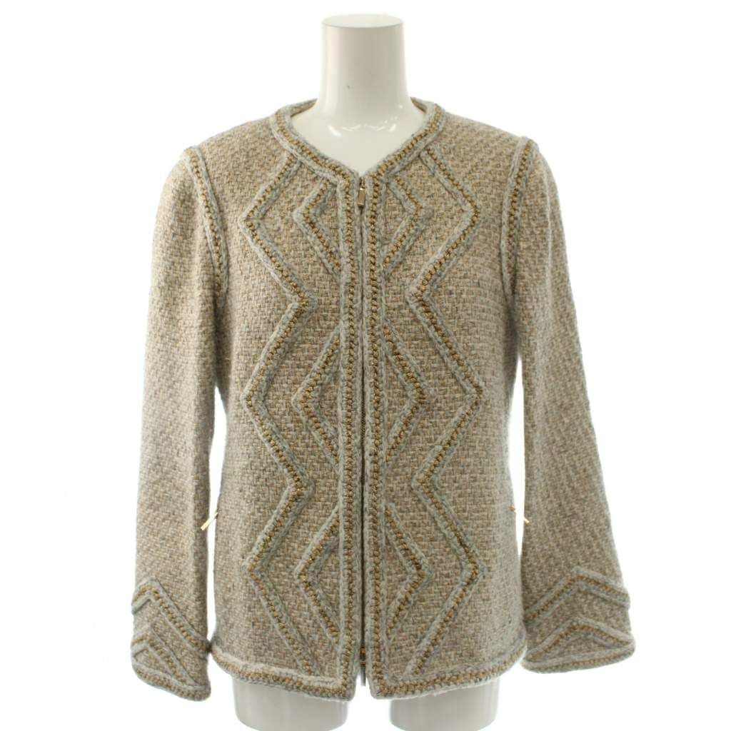Chanel Color Tweed Jacket Outer Zip Up Wool 36 Light Gray Gold