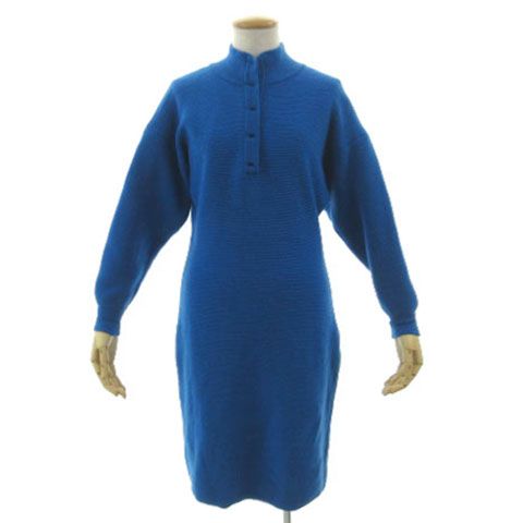 Hermes Vintage Knit Dress High Neck Knee Length Wool Blue 38