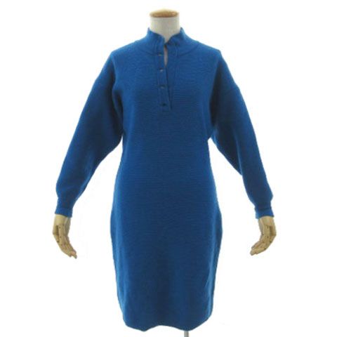 Hermes Vintage Knit Dress High Neck Knee Length Wool Blue 38 — view 2