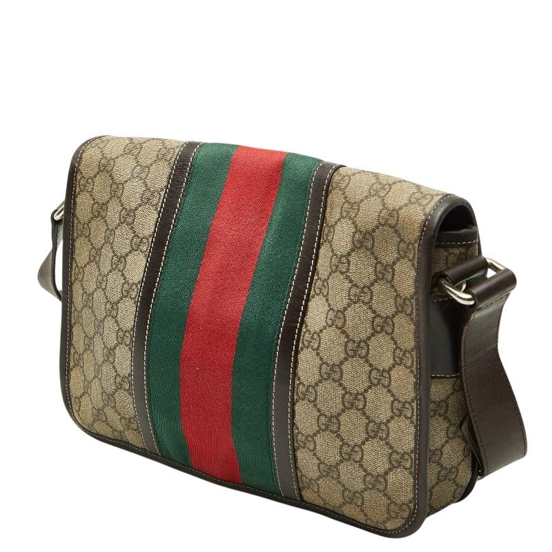 Gucci GG Supreme Sherry Line Messenger Bag Shoulder Back Beige Brown Leather