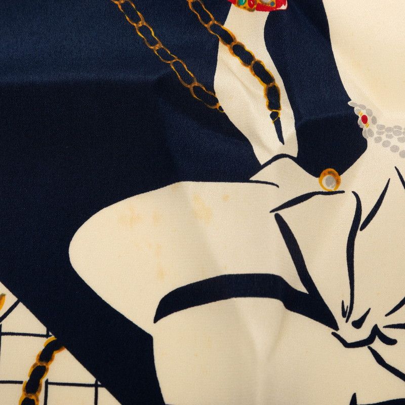 Chanel CC Logo Mademoiselle Quilted Pattern Scarf Large Navy Multicolor Silk