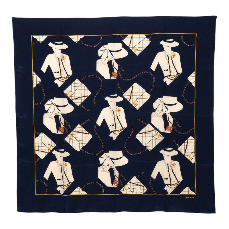 Chanel CC Logo Mademoiselle Quilted Pattern Scarf Large Navy Multicolor Silk