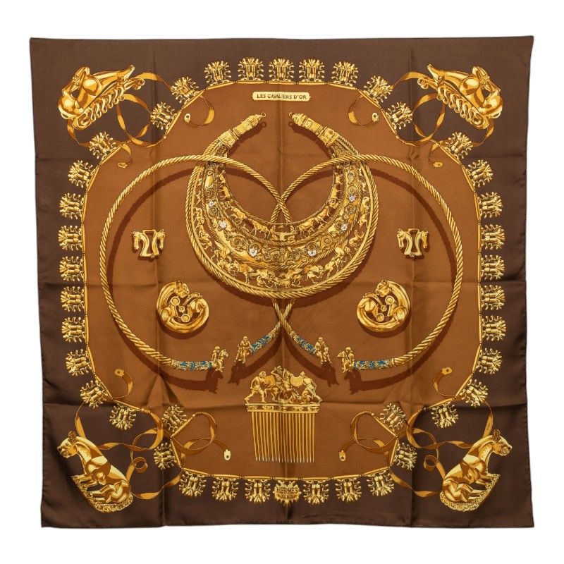 Hermes Carre 90 les Cavaliers D'or Yellow Gold Knight Scarf Large Brown