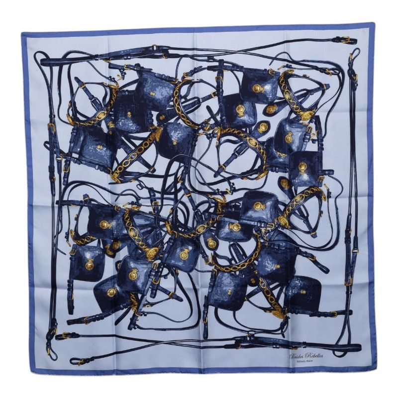 Hermes Carre 90 Brides Rebelles Horse Tackle Scarf Large Blue Multicolor Silk