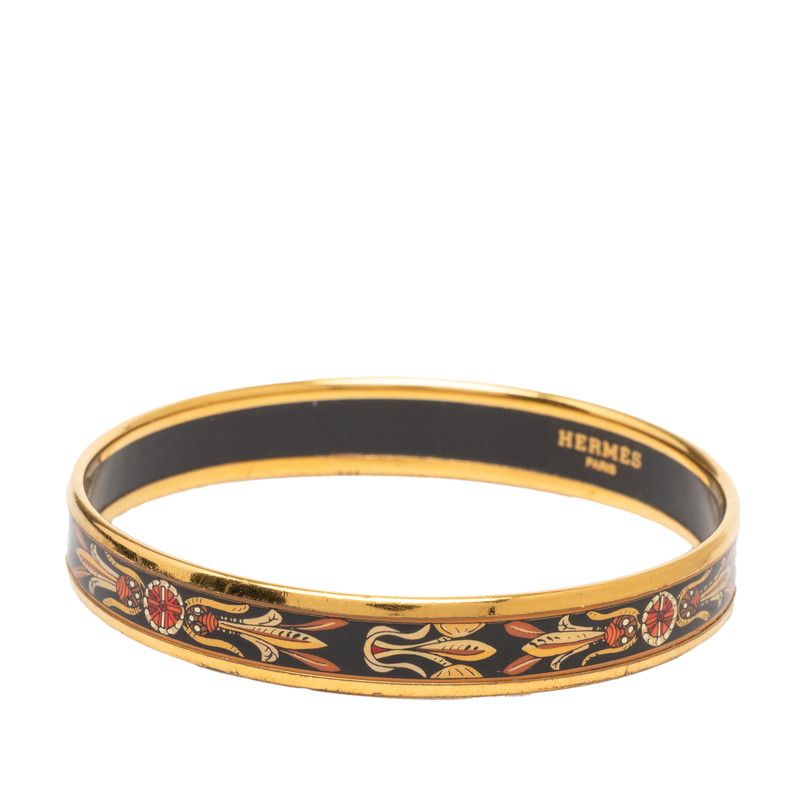 Hermes Enamel PM Cloisonne Bangle Gold Black Multicolor Plated Bracelet