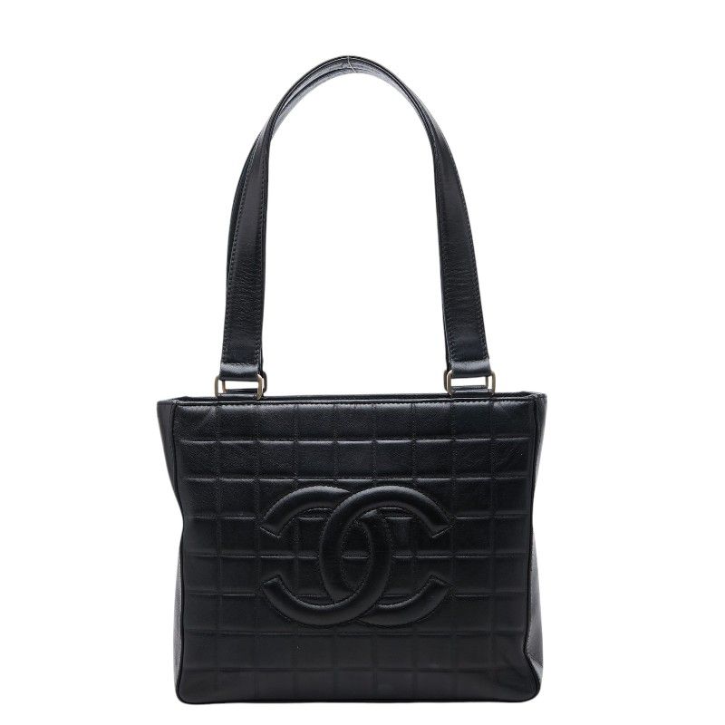 Chanel CC Logo Choco Bar Tote Shoulder Bag Black Lambskin