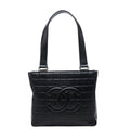 Chanel CC Logo Choco Bar Tote Shoulder Bag Black Lambskin