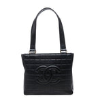 Chanel CC Logo Choco Bar Tote Shoulder Bag Black Lambskin