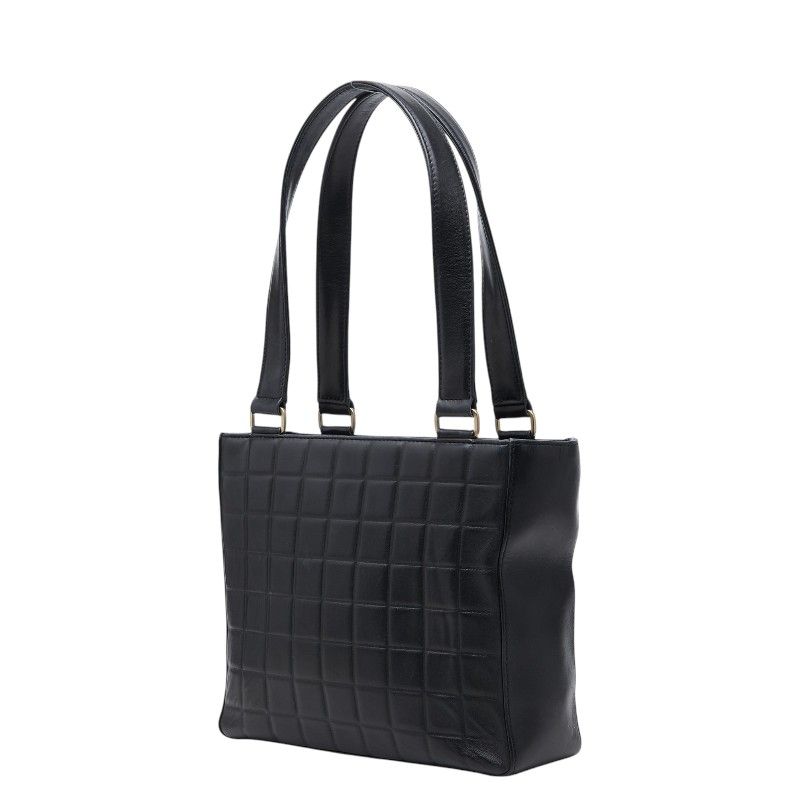 Chanel CC Logo Choco Bar Tote Shoulder Bag Black Lambskin
