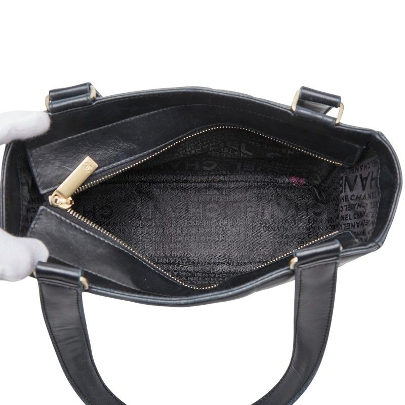 Chanel CC Logo Choco Bar Tote Shoulder Bag Black Lambskin