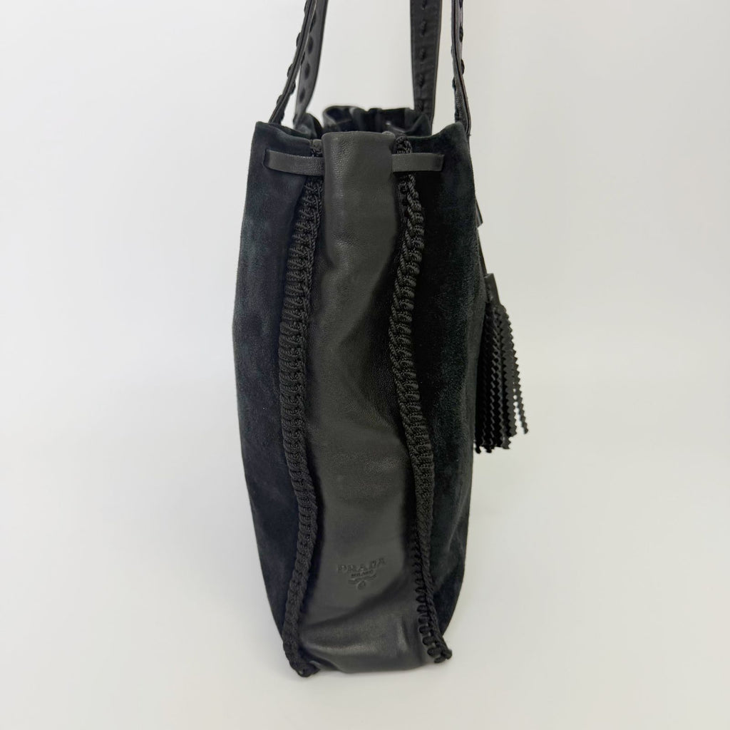 Prada Tassel Drawstring Shoulder Bag Suede Leather Black Vintage