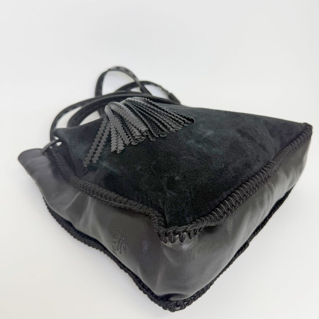 Prada Tassel Drawstring Shoulder Bag Suede Leather Black Vintage