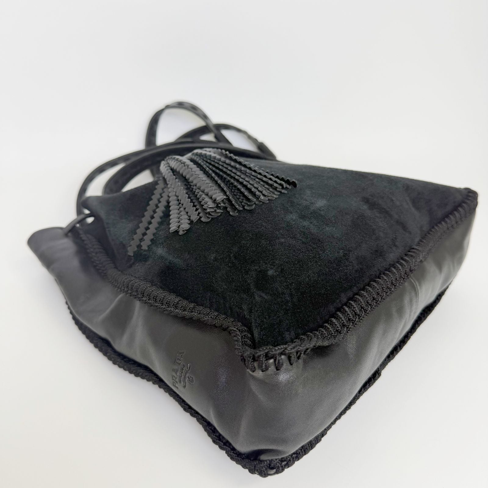 Prada Tassel Drawstring Shoulder Bag Suede Leather Black Vintage