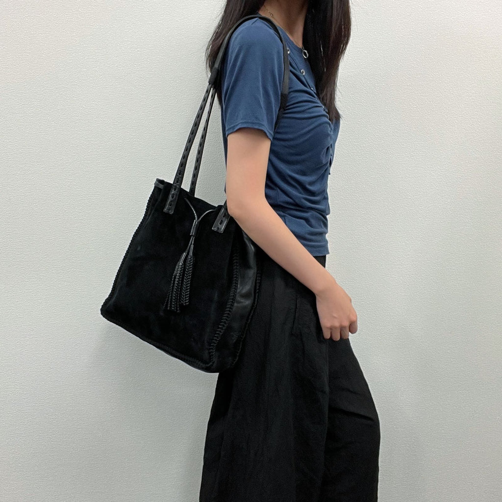 Prada Tassel Drawstring Shoulder Bag Suede Leather Black Vintage