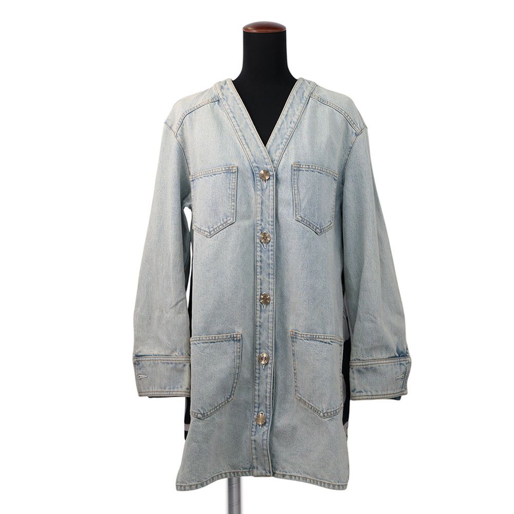 Chanel Jacket Denim Long CC Logo Coco Button Cotton 38