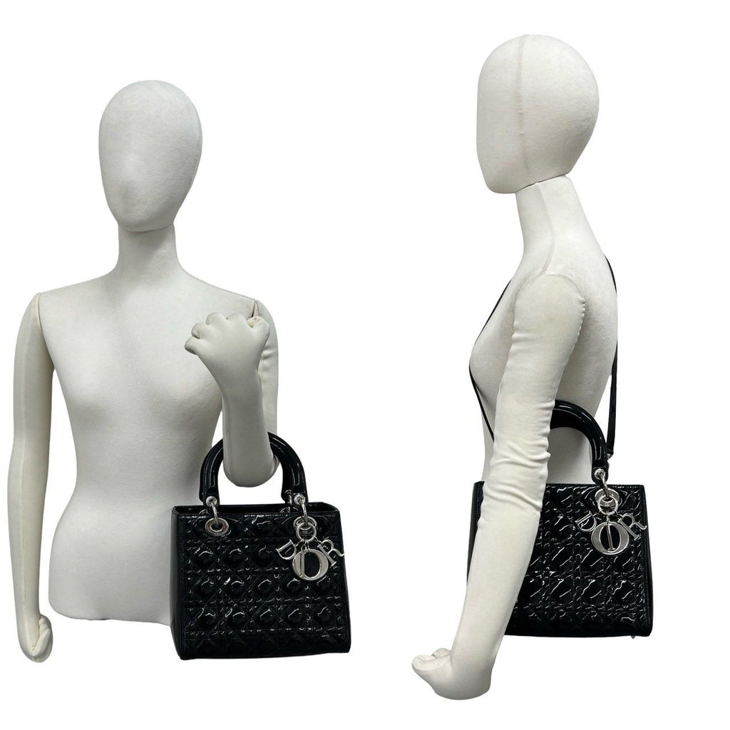 Dior Lady Dior Cannage Stitch Patent Leather 2-Way Shoulder Bag Black