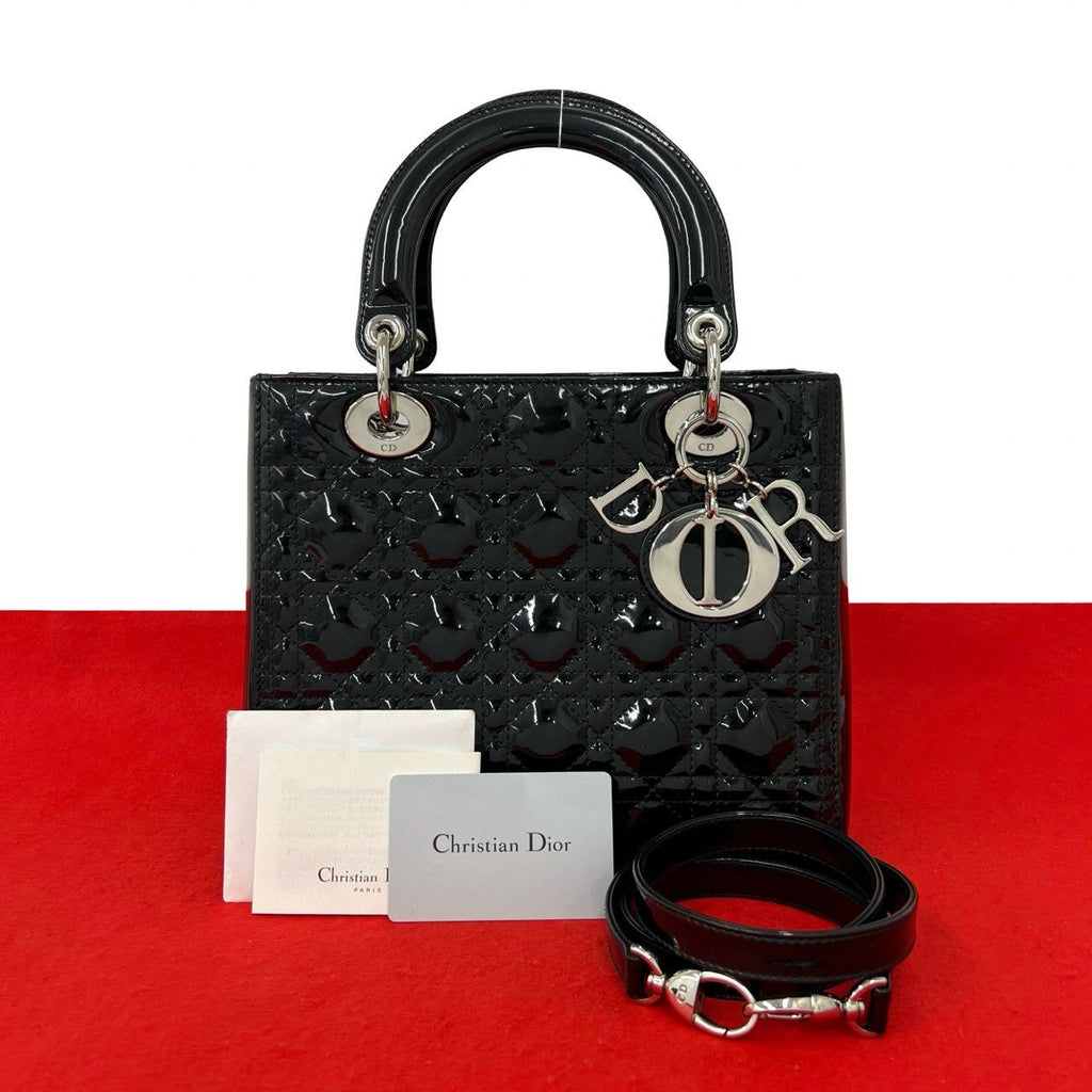 Dior Lady Dior Cannage Stitch Patent Leather 2-Way Shoulder Bag Black