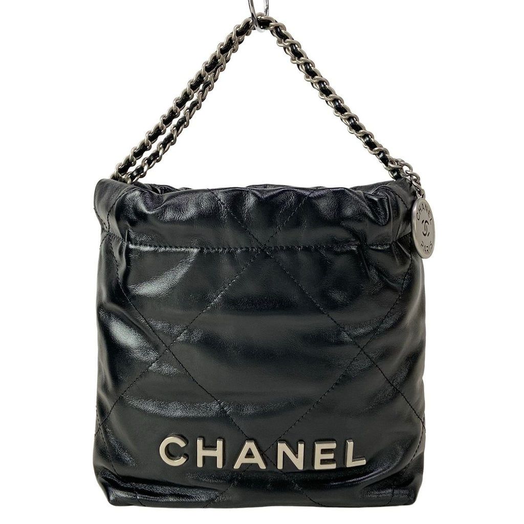 Chanel Handbag 22 Mini Black Chain Handle Vintage Silver Metal