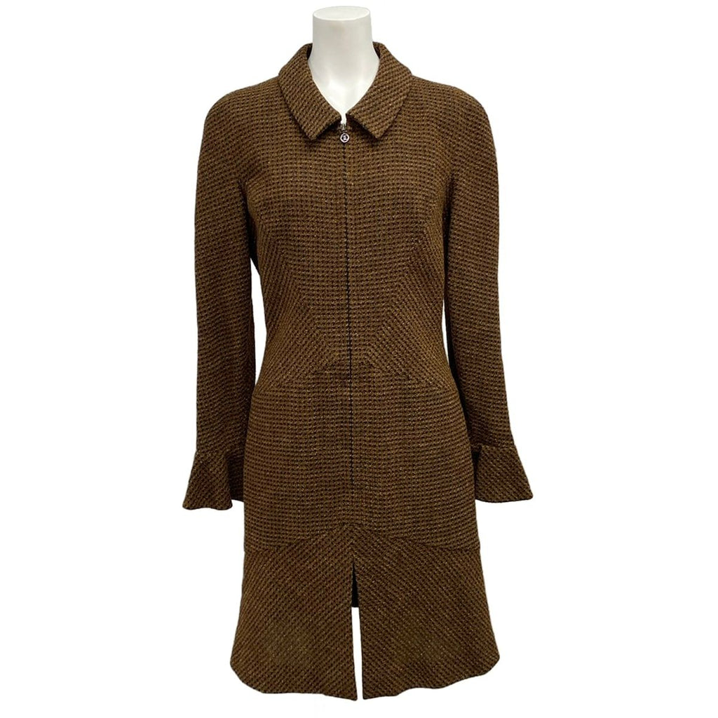 Chanel Dress 40 M Dark Brown Zip Up Plaid Wool