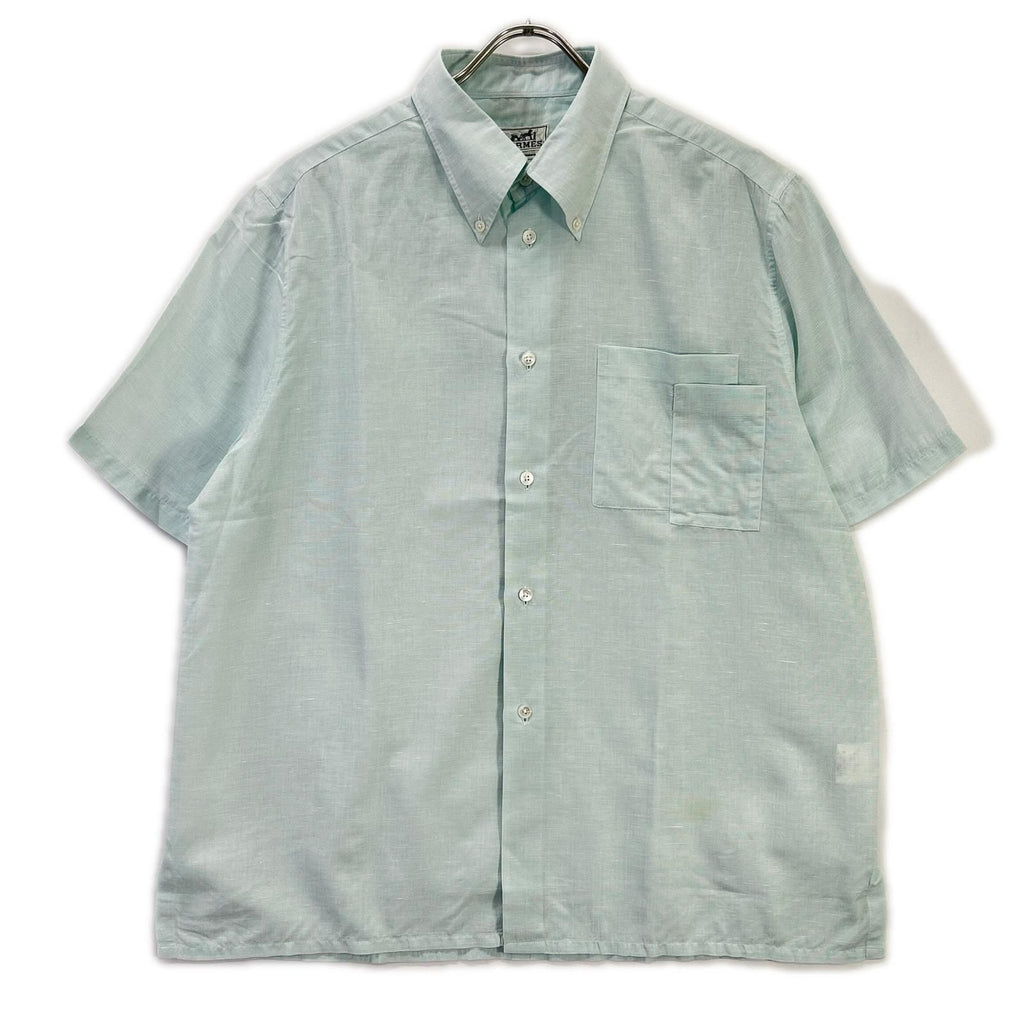 Hermes Button Down Short Sleeve Shirt Linen Blend Sky Blue