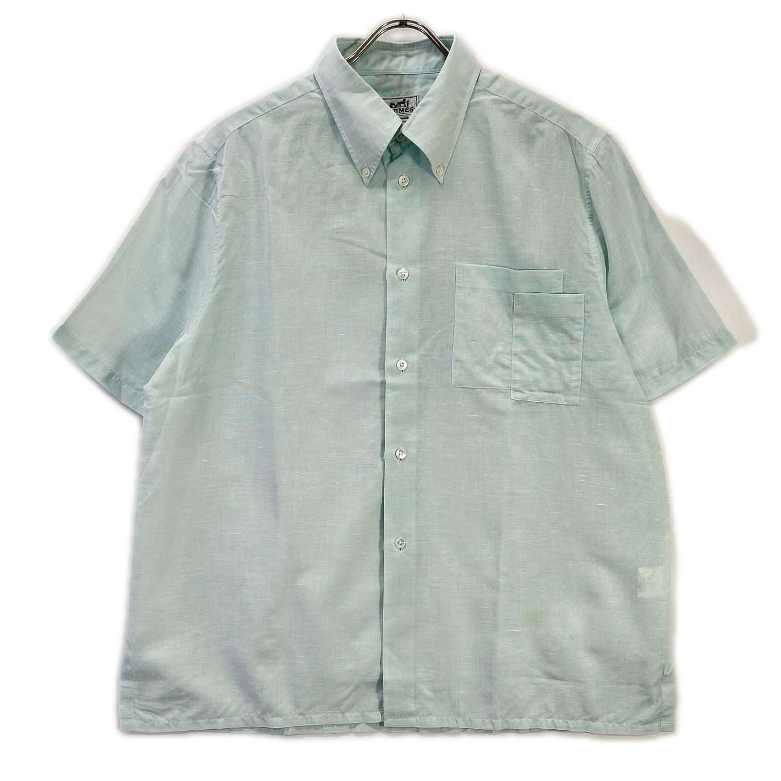 Hermes Button Down Short Sleeve Shirt Linen Blend Sky Blue
