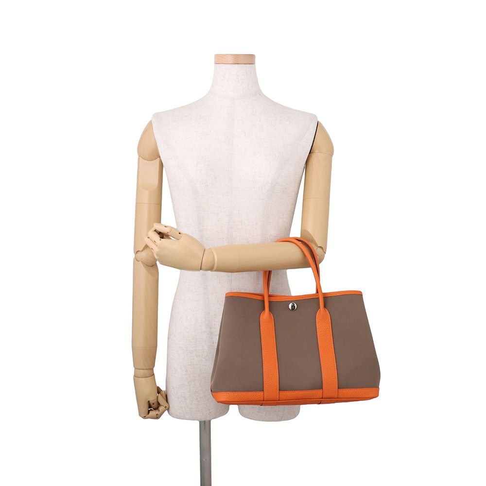 Hermes Tote Bag Garden Party TPM Etoupe Orange Silver Toile Officier Negonda
