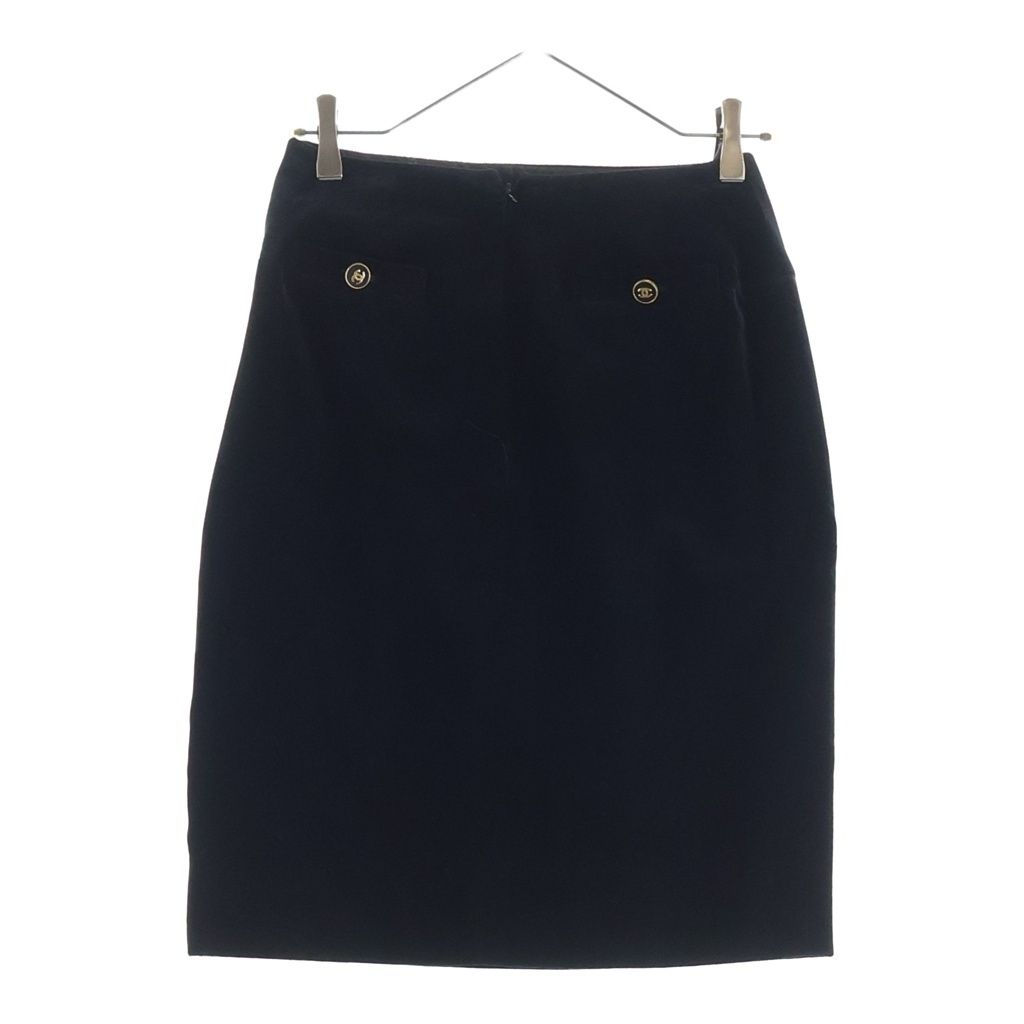 Chanel Vintage Coco Button Knee Length Velour Tight Skirt Black 40 — view 2