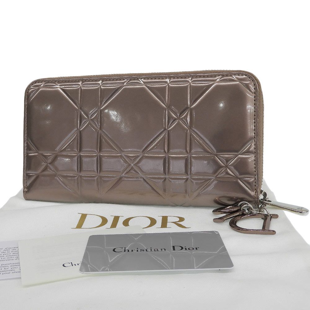 Dior Cannage Zip Around Wallet Patent Leather Logo Charm Metallic