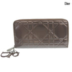Dior Cannage Zip Around Wallet Patent Leather Logo Charm Metallic