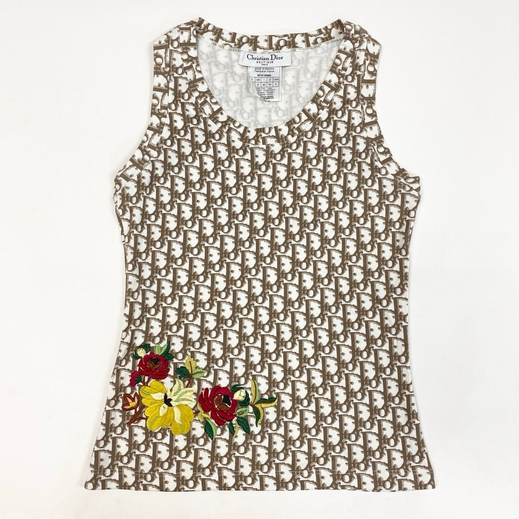 Dior Sleeveless Top Tank Top Trotter Flower Embroidery 40 Sizes White Brown