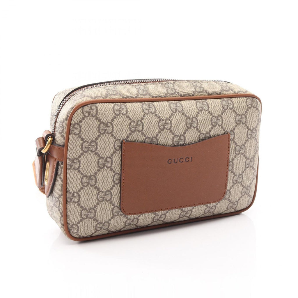 Gucci Shoulder Bag GG Emblem Beige Brown Canvas Leather