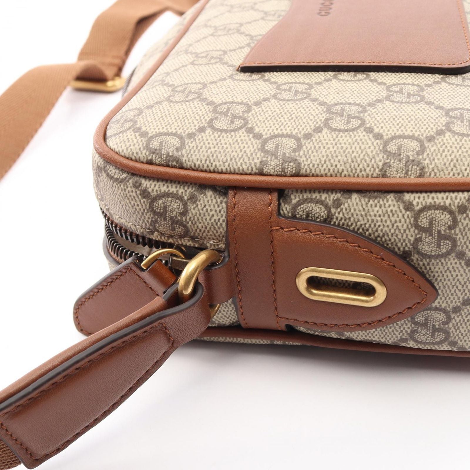 Gucci Shoulder Bag GG Emblem Beige Brown Canvas Leather